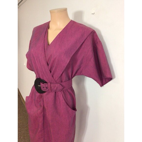 Vintage 80s Office Siren Dress Matching Belt Shoulder Pads Womens 10 - Picture 2 of 8